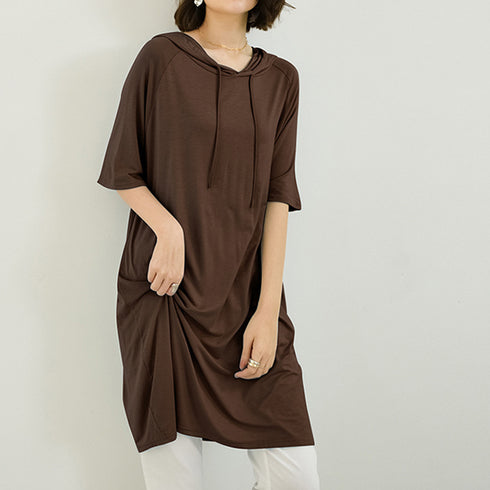 無地 ロング丈 Tシャツ ワンピース 夏 ロングtシャツ 半袖 フード付き tシャツワンピ トップス レディース プルオーバー 体型カバー ゆるシルエット 可愛い 89TENG-008