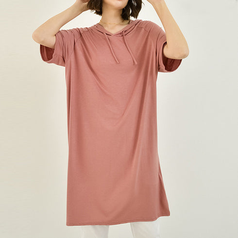 無地 ロング丈 Tシャツ ワンピース 夏 ロングtシャツ 半袖 フード付き tシャツワンピ トップス レディース プルオーバー 体型カバー ゆるシルエット 可愛い 89TENG-008