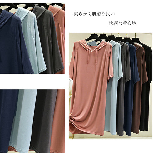 無地 ロング丈 Tシャツ ワンピース 夏 ロングtシャツ 半袖 フード付き tシャツワンピ トップス レディース プルオーバー 体型カバー ゆるシルエット 可愛い 89TENG-008