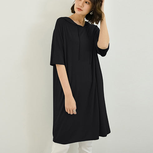 無地 ロング丈 Tシャツ ワンピース 夏 ロングtシャツ 半袖 フード付き tシャツワンピ トップス レディース プルオーバー 体型カバー ゆるシルエット 可愛い 89TENG-008