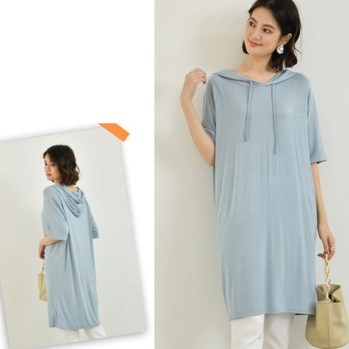 無地 ロング丈 Tシャツ ワンピース 夏 ロングtシャツ 半袖 フード付き tシャツワンピ トップス レディース プルオーバー 体型カバー ゆるシルエット 可愛い 89TENG-008