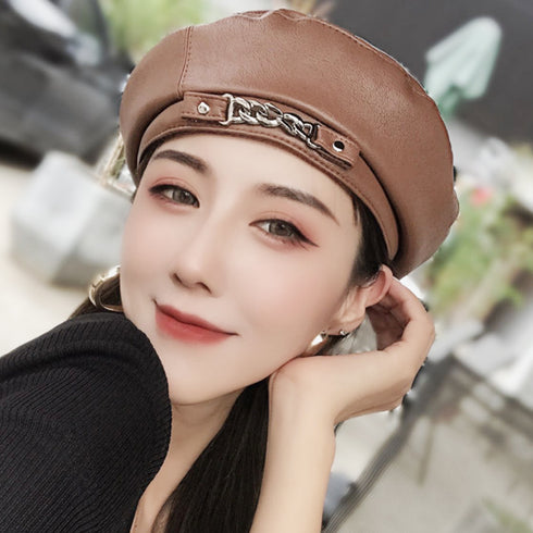 ベレー帽 帽子 レディース チェーン付き フェイクレザー おしゃれ ハット カジュアル シンプル 大人 トレンド感 可愛いハット 高級感 かこいい 89TIANCE-001