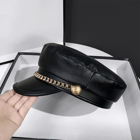 レザーキャスケット 帽子レディース韓国風 フェイクレザーキャスケット チェーン付き 帽子 合皮キャップ マドロスハット マリンハット PUレザーキャップ秋冬女の子 89TIANCE-004