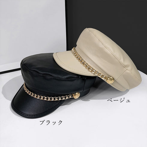 レザーキャスケット 帽子レディース韓国風 フェイクレザーキャスケット チェーン付き 帽子 合皮キャップ マドロスハット マリンハット PUレザーキャップ秋冬女の子 89TIANCE-004