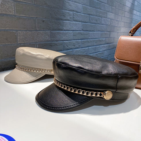 レザーキャスケット 帽子レディース韓国風 フェイクレザーキャスケット チェーン付き 帽子 合皮キャップ マドロスハット マリンハット PUレザーキャップ秋冬女の子 89TIANCE-004