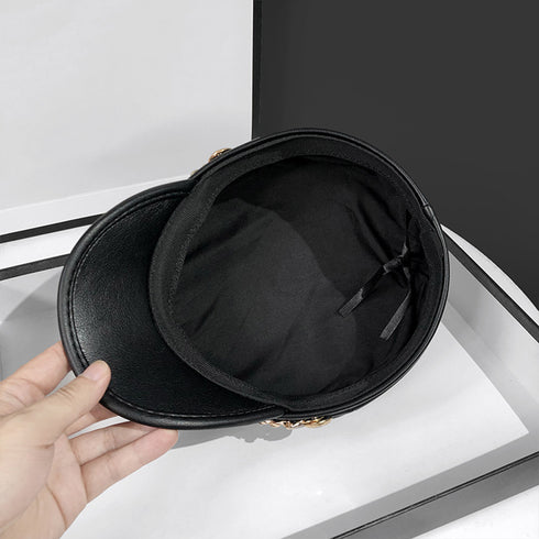 レザーキャスケット 帽子レディース韓国風 フェイクレザーキャスケット チェーン付き 帽子 合皮キャップ マドロスハット マリンハット PUレザーキャップ秋冬女の子 89TIANCE-004