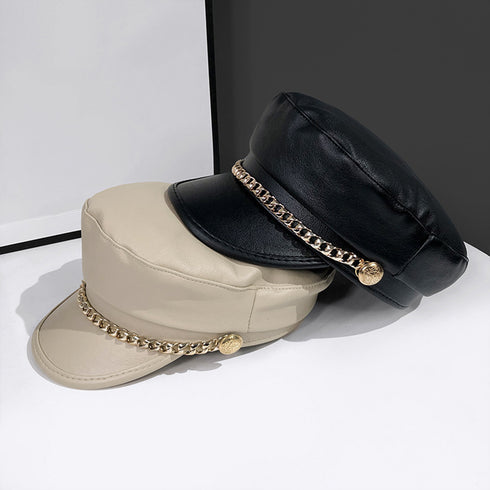 レザーキャスケット 帽子レディース韓国風 フェイクレザーキャスケット チェーン付き 帽子 合皮キャップ マドロスハット マリンハット PUレザーキャップ秋冬女の子 89TIANCE-004