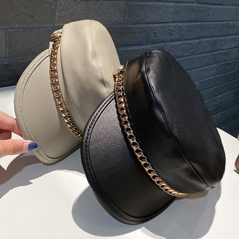 レザーキャスケット 帽子レディース韓国風 フェイクレザーキャスケット チェーン付き 帽子 合皮キャップ マドロスハット マリンハット PUレザーキャップ秋冬女の子 89TIANCE-004