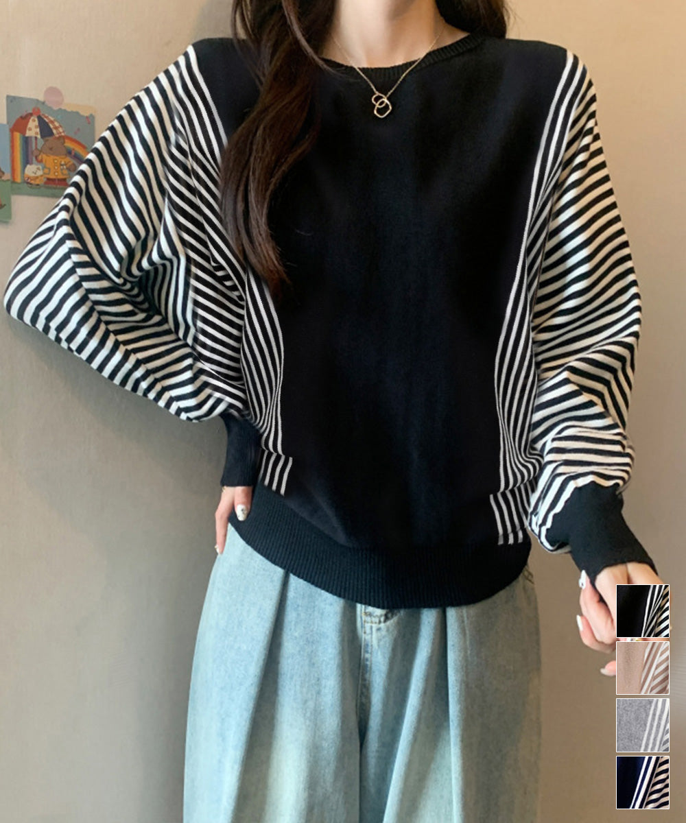 ストライプ配色ドルマンニット体型カバー春 詳細画像1