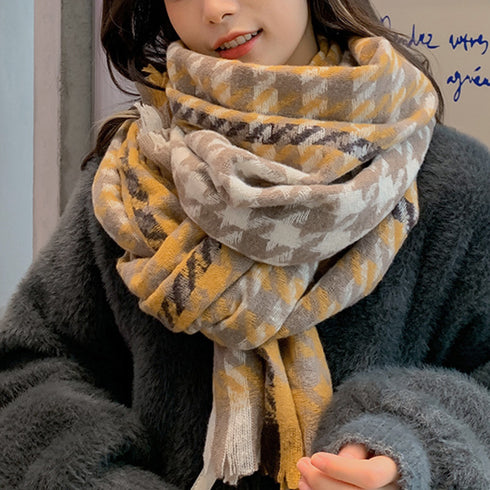 大判ストール千鳥柄マフラー リバーシブル レディース ボリューム感 ふんわり防寒保温 ネックウォーマー フリンジ オルチャン ショール プチプラ 暖かい 通勤通学 89WEICH-003