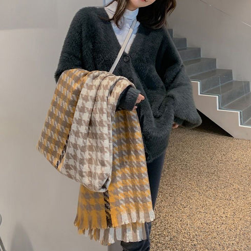 大判ストール千鳥柄マフラー リバーシブル レディース ボリューム感 ふんわり防寒保温 ネックウォーマー フリンジ オルチャン ショール プチプラ 暖かい 通勤通学 89WEICH-003