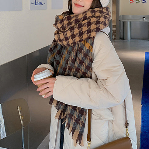 大判ストール千鳥柄マフラー リバーシブル レディース ボリューム感 ふんわり防寒保温 ネックウォーマー フリンジ オルチャン ショール プチプラ 暖かい 通勤通学 89WEICH-003