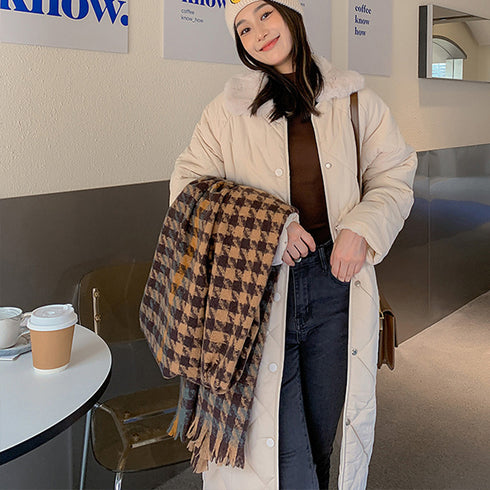 大判ストール千鳥柄マフラー リバーシブル レディース ボリューム感 ふんわり防寒保温 ネックウォーマー フリンジ オルチャン ショール プチプラ 暖かい 通勤通学 89WEICH-003