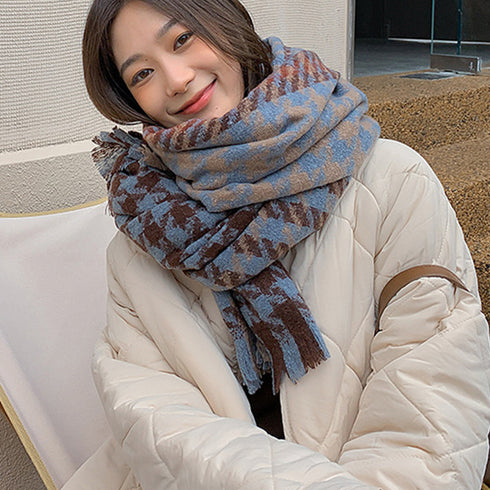 大判ストール千鳥柄マフラー リバーシブル レディース ボリューム感 ふんわり防寒保温 ネックウォーマー フリンジ オルチャン ショール プチプラ 暖かい 通勤通学 89WEICH-003