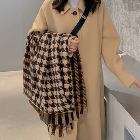 大判ストール千鳥柄マフラー リバーシブル レディース ボリューム感 ふんわり防寒保温 ネックウォーマー フリンジ オルチャン ショール プチプラ 暖かい 通勤通学 89WEICH-003