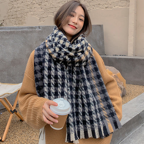 大判ストール千鳥柄マフラー リバーシブル レディース ボリューム感 ふんわり防寒保温 ネックウォーマー フリンジ オルチャン ショール プチプラ 暖かい 通勤通学 89WEICH-003