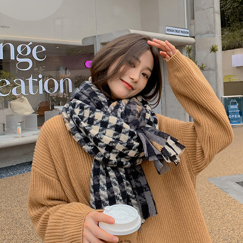 大判ストール千鳥柄マフラー リバーシブル レディース ボリューム感 ふんわり防寒保温 ネックウォーマー フリンジ オルチャン ショール プチプラ 暖かい 通勤通学 89WEICH-003