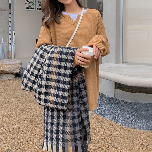 大判ストール千鳥柄マフラー リバーシブル レディース ボリューム感 ふんわり防寒保温 ネックウォーマー フリンジ オルチャン ショール プチプラ 暖かい 通勤通学 89WEICH-003