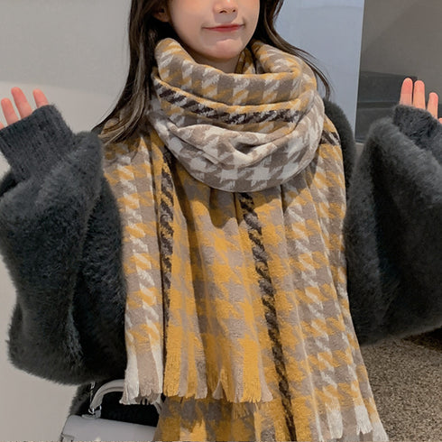 大判ストール千鳥柄マフラー リバーシブル レディース ボリューム感 ふんわり防寒保温 ネックウォーマー フリンジ オルチャン ショール プチプラ 暖かい 通勤通学 89WEICH-003