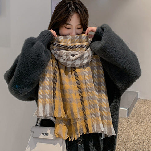 大判ストール千鳥柄マフラー リバーシブル レディース ボリューム感 ふんわり防寒保温 ネックウォーマー フリンジ オルチャン ショール プチプラ 暖かい 通勤通学 89WEICH-003