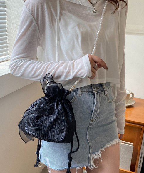 巾着ショルダーバッグ リボン付き 結婚式 レディース レースリボンミニ巾着かばん 大人可愛いクラッチバッグ パールショルダー 軽量バッグ きれいめ コンパクト鞄 89XFENG-065