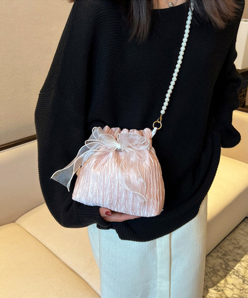 巾着ショルダーバッグ リボン付き 結婚式 レディース レースリボンミニ巾着かばん 大人可愛いクラッチバッグ パールショルダー 軽量バッグ きれいめ コンパクト鞄 89XFENG-065