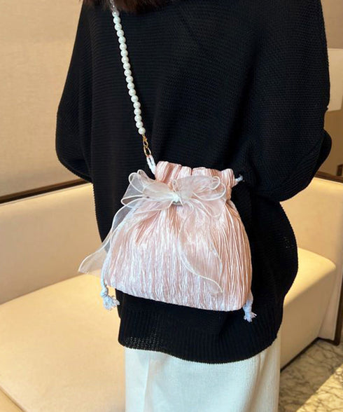 巾着ショルダーバッグ リボン付き 結婚式 レディース レースリボンミニ巾着かばん 大人可愛いクラッチバッグ パールショルダー 軽量バッグ きれいめ コンパクト鞄 89XFENG-065