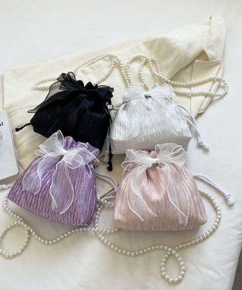 巾着ショルダーバッグ リボン付き 結婚式 レディース レースリボンミニ巾着かばん 大人可愛いクラッチバッグ パールショルダー 軽量バッグ きれいめ コンパクト鞄 89XFENG-065