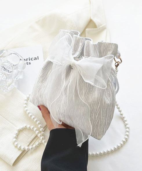 巾着ショルダーバッグ リボン付き 結婚式 レディース レースリボンミニ巾着かばん 大人可愛いクラッチバッグ パールショルダー 軽量バッグ きれいめ コンパクト鞄 89XFENG-065