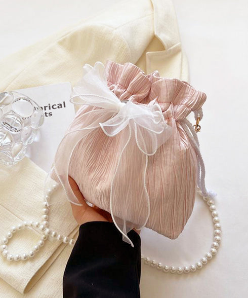 巾着ショルダーバッグ リボン付き 結婚式 レディース レースリボンミニ巾着かばん 大人可愛いクラッチバッグ パールショルダー 軽量バッグ きれいめ コンパクト鞄 89XFENG-065