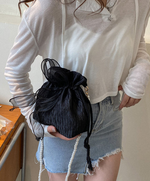 巾着ショルダーバッグ リボン付き 結婚式 レディース レースリボンミニ巾着かばん 大人可愛いクラッチバッグ パールショルダー 軽量バッグ きれいめ コンパクト鞄 89XFENG-065