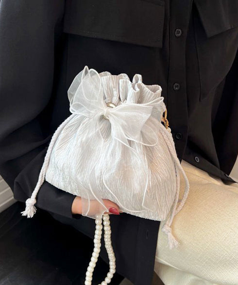 巾着ショルダーバッグ リボン付き 結婚式 レディース レースリボンミニ巾着かばん 大人可愛いクラッチバッグ パールショルダー 軽量バッグ きれいめ コンパクト鞄 89XFENG-065