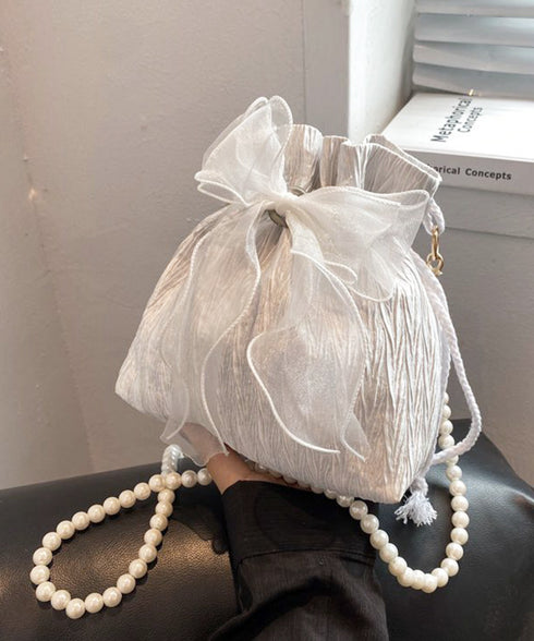 巾着ショルダーバッグ リボン付き 結婚式 レディース レースリボンミニ巾着かばん 大人可愛いクラッチバッグ パールショルダー 軽量バッグ きれいめ コンパクト鞄 89XFENG-065