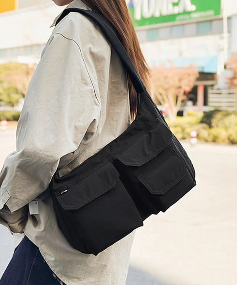 ショルダーバッグ 肩掛けナイロン鞄 軽量 ワンショルダートートバッグ ポケット付き レディース かばん ベーシック 通学通勤カバン カジュアル 多収納手提げ鞄 黒 89XFENG-067