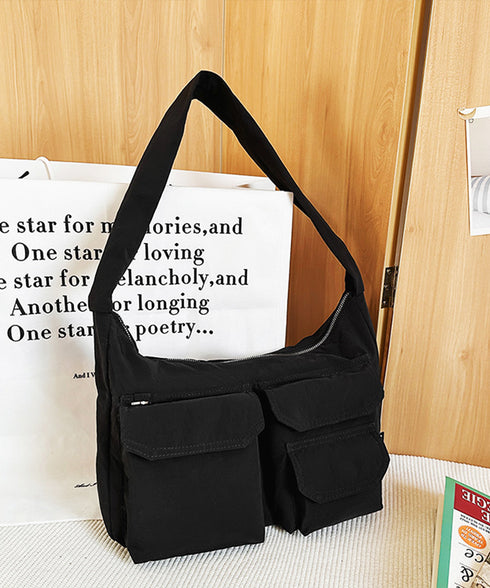 ショルダーバッグ 肩掛けナイロン鞄 軽量 ワンショルダートートバッグ ポケット付き レディース かばん ベーシック 通学通勤カバン カジュアル 多収納手提げ鞄 黒 89XFENG-067