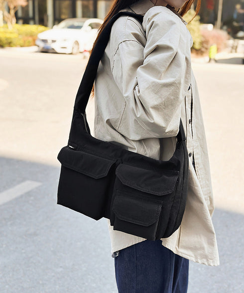 ショルダーバッグ 肩掛けナイロン鞄 軽量 ワンショルダートートバッグ ポケット付き レディース かばん ベーシック 通学通勤カバン カジュアル 多収納手提げ鞄 黒 89XFENG-067