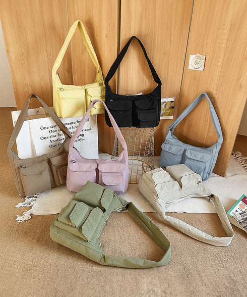 ショルダーバッグ 肩掛けナイロン鞄 軽量 ワンショルダートートバッグ ポケット付き レディース かばん ベーシック 通学通勤カバン カジュアル 多収納手提げ鞄 黒 89XFENG-067