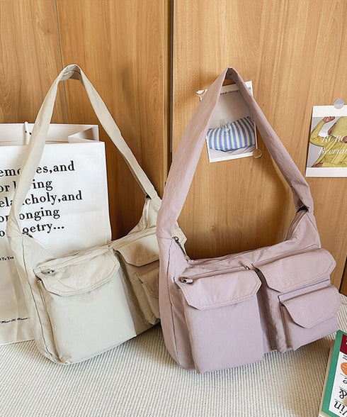 ショルダーバッグ 肩掛けナイロン鞄 軽量 ワンショルダートートバッグ ポケット付き レディース かばん ベーシック 通学通勤カバン カジュアル 多収納手提げ鞄 黒 89XFENG-067