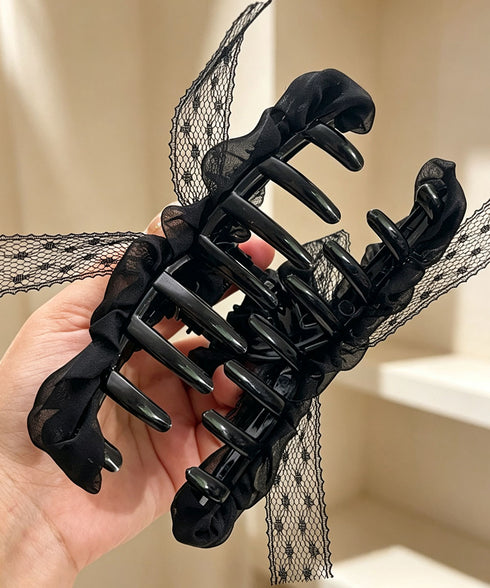 パールリボンヘアクリップ 韓国風まとめ髪 ヘアアクセサリー レディース ヘアアレンジ 上品髪留め ボリューム レースリボンバレッタ 大人フェミニン バンスクリップ 89XINCH-001