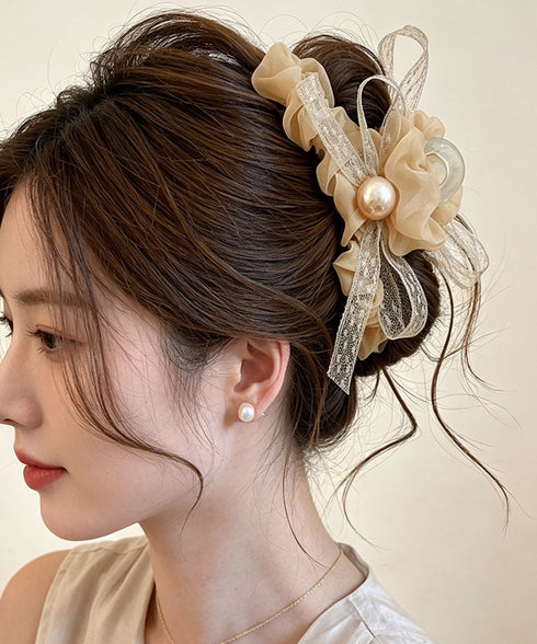 パールリボンヘアクリップ 韓国風まとめ髪 ヘアアクセサリー レディース ヘアアレンジ 上品髪留め ボリューム レースリボンバレッタ 大人フェミニン バンスクリップ 89XINCH-001