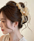 パールリボンヘアクリップ 韓国風まとめ髪 ヘアアクセサリー レディース ヘアアレンジ 上品髪留め ボリューム レースリボンバレッタ 大人フェミニン バンスクリップ 89XINCH-001