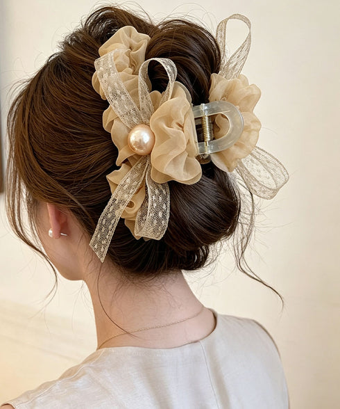 パールリボンヘアクリップ 韓国風まとめ髪 ヘアアクセサリー レディース ヘアアレンジ 上品髪留め ボリューム レースリボンバレッタ 大人フェミニン バンスクリップ 89XINCH-001