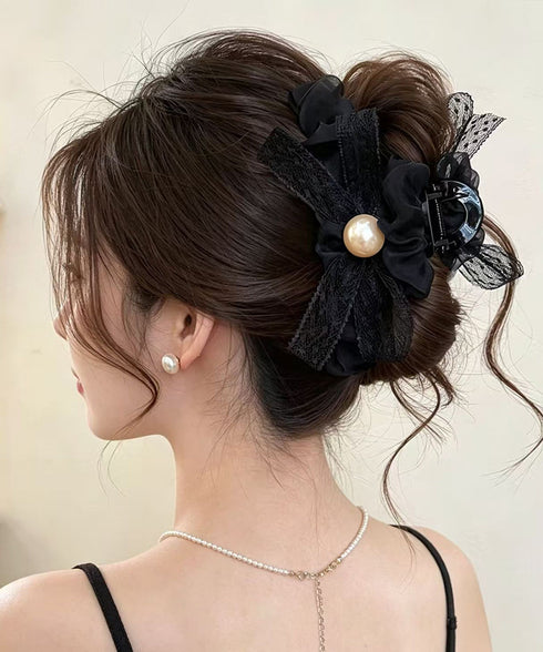 パールリボンヘアクリップ 韓国風まとめ髪 ヘアアクセサリー レディース ヘアアレンジ 上品髪留め ボリューム レースリボンバレッタ 大人フェミニン バンスクリップ 89XINCH-001