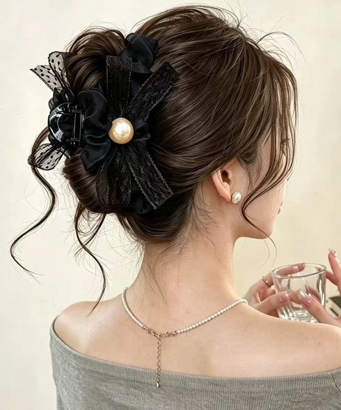 パールリボンヘアクリップ 韓国風まとめ髪 ヘアアクセサリー レディース ヘアアレンジ 上品髪留め ボリューム レースリボンバレッタ 大人フェミニン バンスクリップ 89XINCH-001