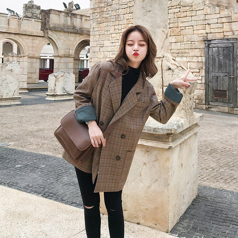 テーラードジャケット チェック柄春秋冬 レディース 韓国風 アウター カジュアル テイスト 体型カバー ブルゾン シンプル シーズンムード オフィスカジュアル 89XINYU-001