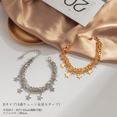 チェーンブレスレット 5連 レディース アクセサリー 可愛い アジャスター付き スター 春アクセ ゴールド プレゼント メタルモチーフ韓国ファッション 89XUER-001