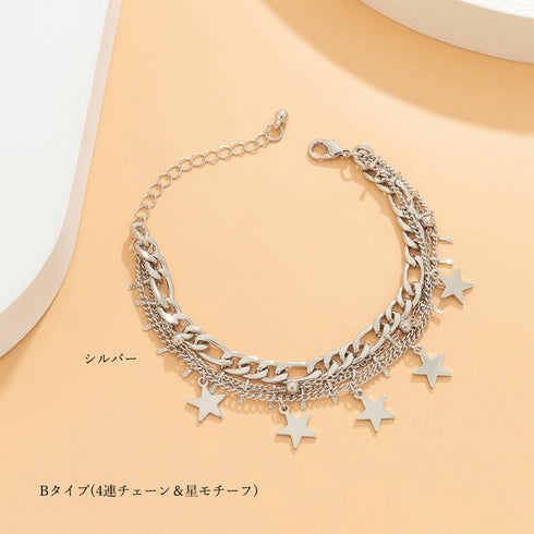 チェーンブレスレット 5連 レディース アクセサリー 可愛い アジャスター付き スター 春アクセ ゴールド プレゼント メタルモチーフ韓国ファッション 89XUER-001