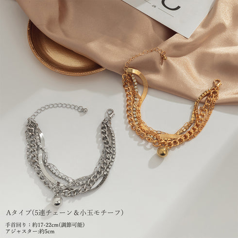 チェーンブレスレット 5連 レディース アクセサリー 可愛い アジャスター付き スター 春アクセ ゴールド プレゼント メタルモチーフ韓国ファッション 89XUER-001