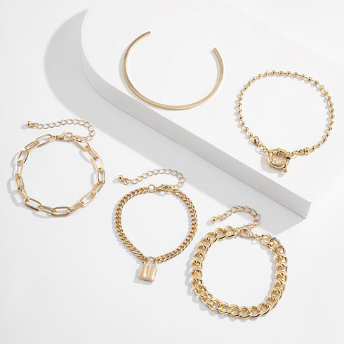 チェーンブレスレット 5点セット 女子会 ブレスレット チェーン レディース アクセサリー バングル 春夏アクセ ゴールド プレゼント 韓国風 オシャレ 89XUER-003