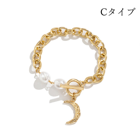 ブレスレット 上品 韓国風 ボリューム感 チェーン ハートモチーフ レディース 三日月 フェイクパール ファッション小物 オシャレ アクセサリー 3タイプ 89XUER-006